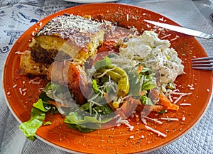 Traditional moussaka recipe served at a Greek restaurant