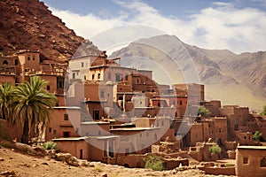 Traditional mud brick houses nestled against a rugged mountain backdrop