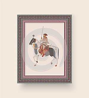 Traditional Mughal emperor riding horse vector illustration frame pattern for wallpaper.