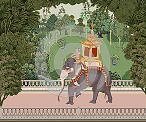 Traditional Mughal Garden, forest, elephant ride, mahout in Thailand vector illustration for wallpaper.