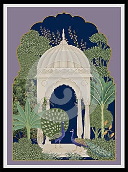 Traditional Mughal motif, frame, arch, peacock, flower, tropical tree vector illustration.