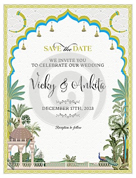 Traditional Mughal Wedding Card Design. Oriental frame with tropical tree Invitation card for printing