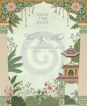 Traditional Mughal Wedding Invitation Card. Invitation card for printing vector illustration. photo