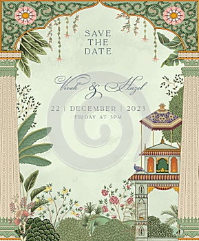 Traditional Mughal Wedding Invitation Card. Invitation card for printing vector illustration.