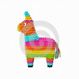 Traditional multi colored Mexican party pinata on a white background