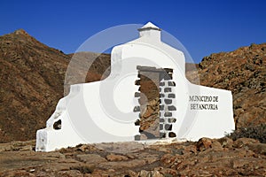 Traditional municipality sign white arch gate near Betancuria