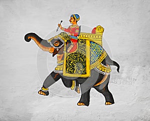 Traditional mural - image of maharaja of riding on an elephant.