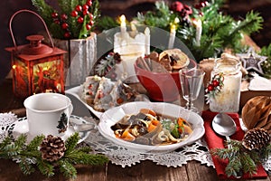 Traditional mushroom soup with noodles for Christmas Eve supper