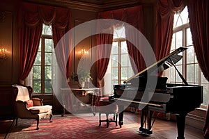 Traditional Music Room With Grand Piano And Elegant Draperies Traditional Interior Design. Generative AI