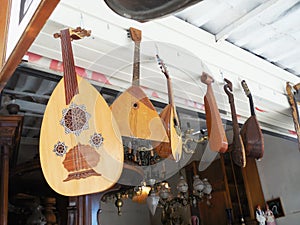 Traditional musical instruments at an antique shop Monastiraki Athens Greece