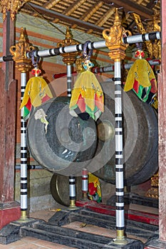 The traditional musical instruments bali. A gong in Hindu Temple of Pura Puseh Desa Batuan. Unique Balinese style. Batuan Village,