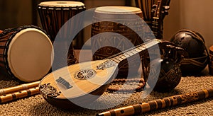 Traditional Musical Instruments Including Drums and Stringed Instruments on Display
