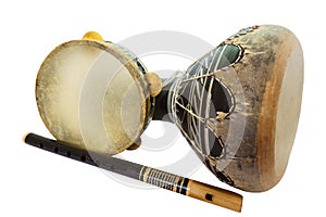 Traditional musical instument Djembe drum, tambourine and flute