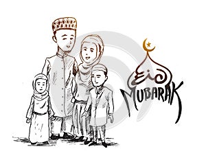 Traditional Muslim family with children - Hand Drawn Sketch