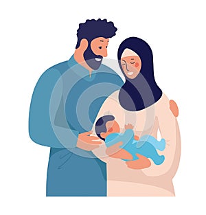 Traditional muslim family with newborn baby. Happy arab man hugs child and wife in hijab. Flat cartoon illustration