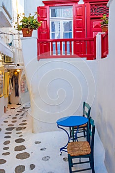 Nice view of Cobbled commercial street of Chora Mykonos Cyclades Greece