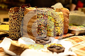 Traditional national Czech sweet street food Trdelnik, is tubes