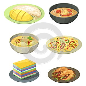Traditional National thai food thailand asian plate cuisine seafood prawn cooking delicious vector illustration.