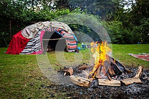 Traditional native sweat lodge with hot stones