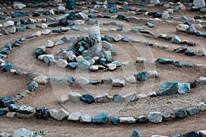 Traditional natural stone labyrinth maze made for contemplation and worship, created with rocks in shades of blue and turquoise