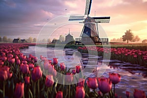 Traditional Netherlands Holland dutch scenery with windmill along a canal and tulips, Netherlands. AI Generative