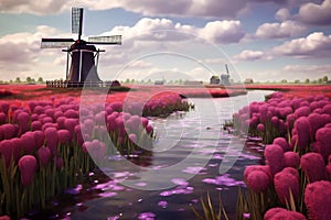 Traditional Netherlands Holland dutch scenery with windmill along a canal and tulips, Netherlands. AI Generative