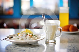 traditional new england clam chowder in a diner