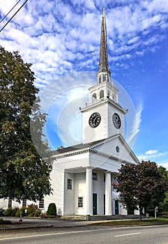 Traditional New England White Wood Church with Steeple