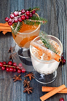 Traditional New Year or Christmas drinks. Eggnog cocktail and hot apple cider with cinnamon sticks, anise stars and cranberries