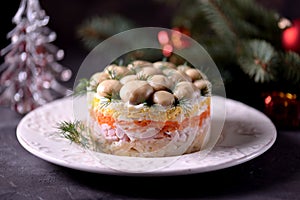 Traditional New Year`s Russian salad `Mushroom Glade` from boiled potatoes, carrots, eggs, smoked meat, soft cheese and marinated