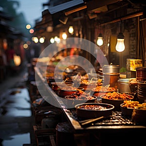 At a traditional night bazaar in Ayutthaya, The bazaar is illuminated with colorful lanterns and traditional Thai decorations