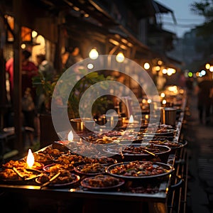 At a traditional night bazaar in Ayutthaya, The bazaar is illuminated with colorful lanterns and traditional Thai decorations