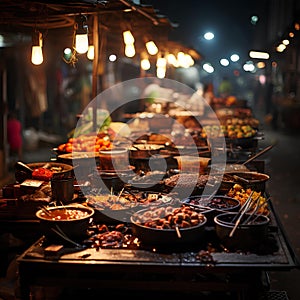 At a traditional night bazaar in Ayutthaya, The bazaar is illuminated with colorful lanterns and traditional Thai decorations