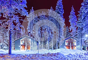 Traditional Nordic Suomi Houses Over the Polar Circle