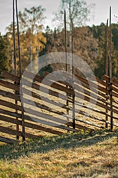 Traditional Northern European roundpole fence in a grass field during autumn. Old rustic and weathered wooden fence in the