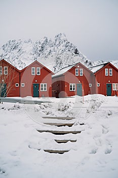 Traditional Norwegian fisherman`s cabins, red rorbuer, Hamnoy, Lofoten Norway.