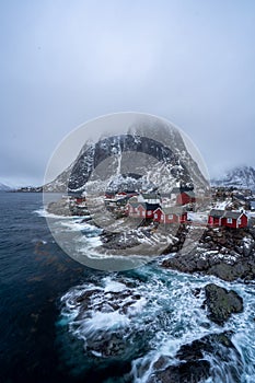 Traditional Norwegian fisherman`s cabins, rorbuer, island of Hamnoy, Reine .