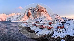 Traditional Norwegian fisherman\'s cabins, rorbuer, on the island Lofotent at sunrise