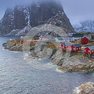 Traditional Norwegian Fishing Hut Village in Hamnoy During Early Spring