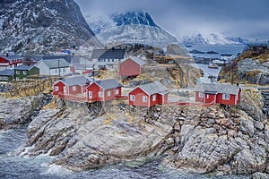 Traditional Norwegian Fishing Hut Village in Hamnoy During Early Spring Time