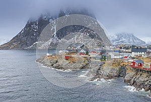 Traditional Norwegian Fishing Hut Village in Hamnoy During Early Spring Time