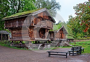 Traditional Norwegian House with grass roof.