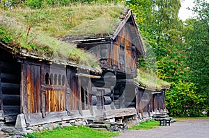 Traditional Norwegian House with grass roof.The Norwegian Museum