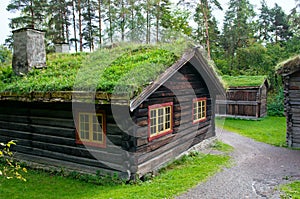 Traditional Norwegian House with grass roof.The Norwegian Museum