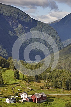 Traditional norwegian mountain landscape with old wooden houses.