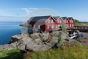 Traditional Norwegian red houses on the sea, Lofoten, Norway