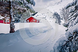 Traditional Norwegian red wooden houses under the fresh snow.