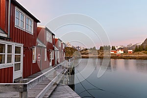 Traditional Norwegian rorbuer or fishermen\'s huts in Lofoten, Norway