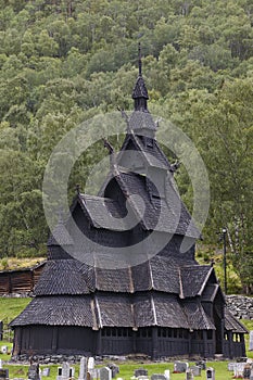 Traditional norwegian stave church. Borgund. Travel Norway. Tour