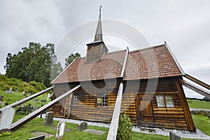 Traditional norwegian stave church. Rodven. Travel Norway. Tourism